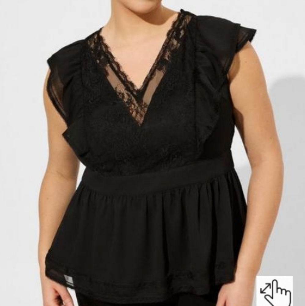 TORRID Crinkle Chiffon Peplum Lace Ruffle Sleeve Top - Picture 1 of 12